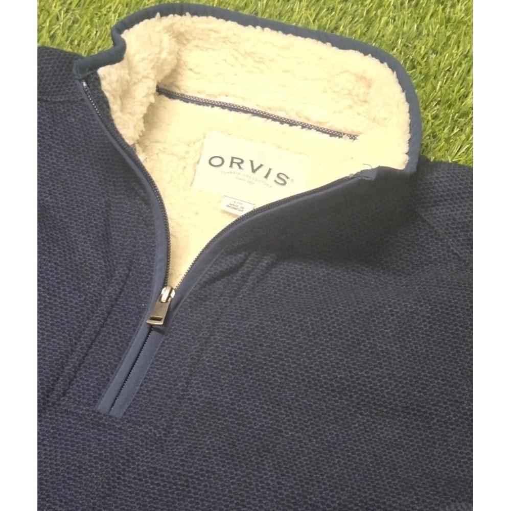 Orvis Sweater Mens Large Blue Waffle Fleece Quarter Zip Sherpa Lined Pullover